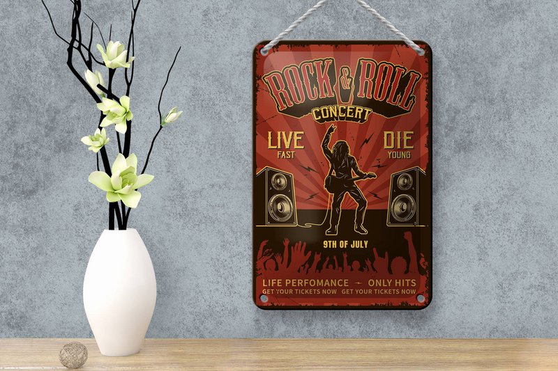 Blechschild Retro 12x18cm Rock n Roll Concert live 9th july Dekoration