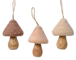  Hanging decorative mushroom-shaped ornaments made of wood and wool. Neutral tones of beige and brown. Unique natural shapes and textures.