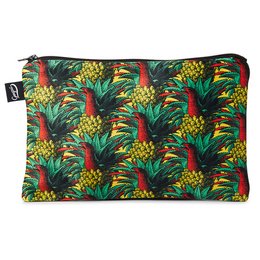 A tropical-themed smartphone case featuring a vibrant pattern of pineapples, palm leaves, and other lush foliage in shades of green, yellow, and red.
