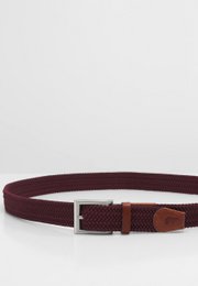 Recycled belt made of woven fabric in a burgundy color, with a metal buckle closure.