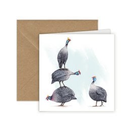 Greeting card featuring a group of guinea fowl with distinctive spotted feathers and colorful accents. The card would be suitable for a variety of occasions involving birds or nature.