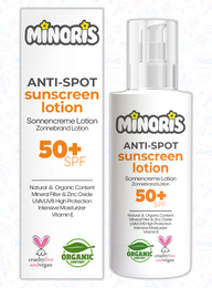 A white bottle with orange and green accents labeled "MINORIS ANTI-SPOT SUNSCREEN LOTION 50+SPF 15OML". The product is a sunscreen lotion with 50+ SPF protection.