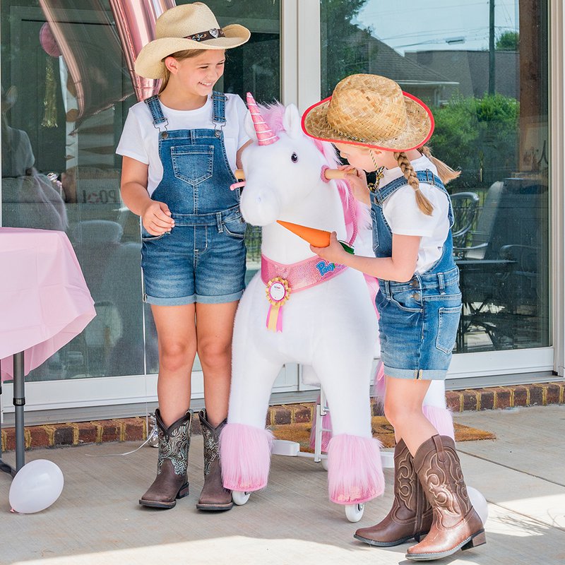PonyCycle Spielzeugzubehör Futter- und Pflegeset – Pink und Blau, 5-teiliges Sortiment, Fellpflegebürste, Haustierbürste, Karotte, Aufkleber, Namensschild