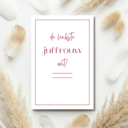  "Dusty rose thank you card with 'de leukste juf van allemaal' text, minimalist design, teacher appreciation"