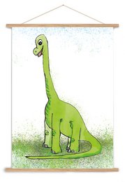 A large, green dinosaur poster featuring a brontosaurus-like creature standing in a grassy field. The poster has a simple, whimsical style and would make an eye-catching addition to a child's room or nursery.