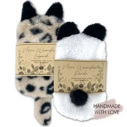 Soft, plush leopard and panda print hot water bottles. Cozy and comforting for babies.