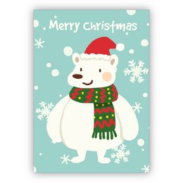 A festive Christmas card featuring a cheerful polar bear wearing a Santa hat and scarf, surrounded by snowflakes against a light blue background. The card reads "Merry Christmas" in a playful font.