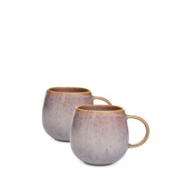 Gray ceramic mug with a rounded shape and a handle, suitable for hot beverages.