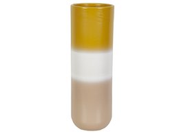 A tall, cylindrical ceramic vase in a mustard and beige color gradient. The vase has a smooth, glossy finish and is suitable for displaying plants or flowers.