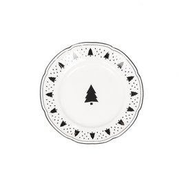  A round white ceramic breakfast plate with a black Christmas tree design in the center, surrounded by a border of smaller black Christmas tree icons.