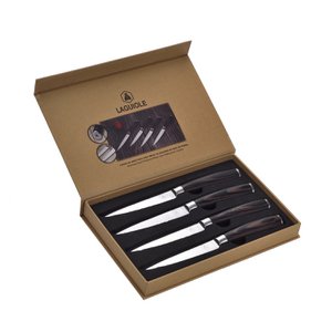 LAGUIOLE, set van 4 steakmessen, scherpe messen, vleesmessen, tafelbestek, roestvrijstalen mes, pakkahouten handvat, bruin
