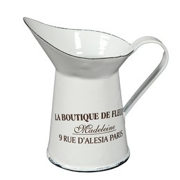 Small white enamel pitcher with "La Boutique de Fleur" text. Decorative object with a classic, vintage style.