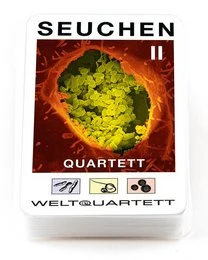 Quartet card game featuring a colorful, abstract design with a central globe-like shape in shades of green and orange. The game is titled "Seuchen 2" and is part of the "Welt Quartett" series.