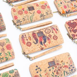 A natural cork women's zipper card wallet with various patterns, including floral and animal designs. The wallet is suitable for everyday use and can hold cards, cash, and other small items.