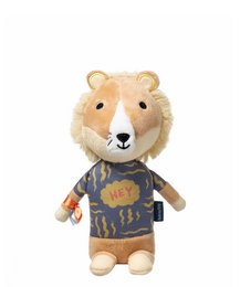 Soft plush music box toy in the shape of a lion wearing a patterned shirt. Suitable for babies and young children.
