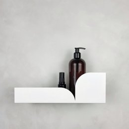 White metal wall shelf in Bauhaus style, available in small, medium, and large sizes.