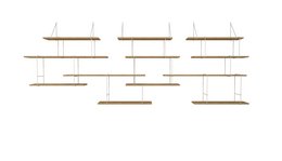 Modular oak and white shelving unit with multiple tiers and floating design.