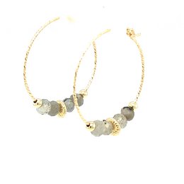  Sparkle wire earrings with labradorite stones. Elegant gold-tone hoop earrings featuring natural labradorite stones in a unique wire design.