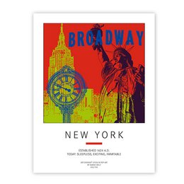Vibrant poster depicting the iconic Statue of Liberty and the New York skyline against a bold red background. The text "Broadway New York" prominently features, highlighting the city's renowned theater district.
