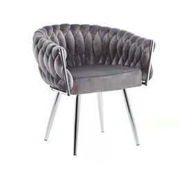 Plush gray velvet office chair with tufted backrest and chrome frame. Comfortable and stylish seating for home or office use.