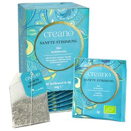  Organic tea bags with a calming, gentle scent. The tea bags are packaged in a turquoise box with a floral design. The tea is described as having a "gentle mood" scent.