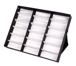 Black glasses case with 12 compartments for storing and organizing various eyewear accessories.