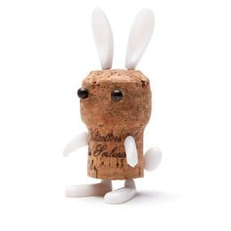 Plush bunny bottle stopper with long white ears, perfect gift for wine lovers.