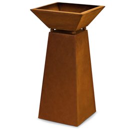 Rust-colored metal garden decoration column with a plant bowl in a patina finish.