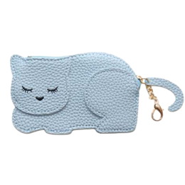  A small, blue, cat-shaped coin purse with a zipper closure and a gold-colored metal ring for attaching to a keychain or bag.