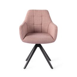 Beige upholstered dining chair with black swivel base, featuring a tufted backrest and armrests for a modern, minimalist design.