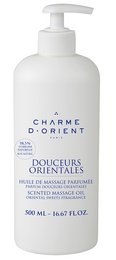 500mL bottle of massage oil in various floral and oriental scents, including orange blossom, amber, musk, sandalwood, jasmine, fruits, flowers, rose, mint, ylang-ylang, vanilla, fig and date, oriental perfume, oriental delights, black tea, Nile, neroli, Bosphorus, tiare flowers, and green tea.
