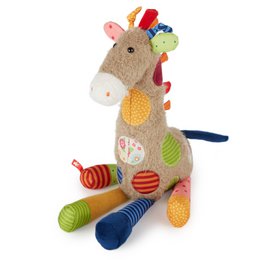 Plush giraffe toy with colorful patchwork design, featuring various textures and shapes for sensory exploration.