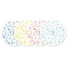 Set of 4 colorful coasters featuring various kitchen and cooking icons in a repeating pattern.