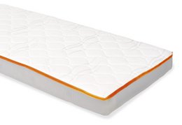 Mattress for cot beds 'Luna Cloud', 140 x 70 cm. White mattress cover with orange trim, designed for cot beds.