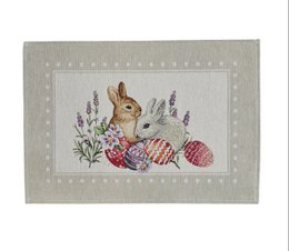  Easter placemat with rabbit, colorful eggs, lavender flowers, gobelin fabric, beige cream color, rectangular shape