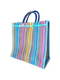  Medium-sized market bag made of colorful, striped fabric with a sturdy handle.

The product is a medium-sized market bag made of a vibrant, multicolored striped fabric. The bag has a sturdy, looped handle for easy carrying. The stripes feature a variety of colors including red, blue, turquoise, lime green, pink, purple, and yellow, creating a fun, eye-catching design. This versatile bag is suitable for shopping, carrying groceries, or everyday use.