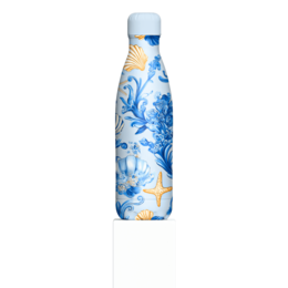 Reusable water bottle with a blue and white floral design, featuring starfish and other marine life elements. The bottle is made of stainless steel and is 25 oz in capacity.