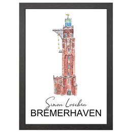 Framed poster of a lighthouse in Bremerhaven, Germany. The poster features a colorful, illustrated depiction of the landmark structure.