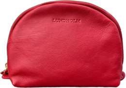 A red leather makeup bag with a zipper closure, designed for women's use as a toiletry bag or organizer. The bag features a high-quality leather construction and a sleek, minimalist design.