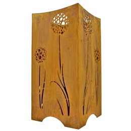 Rustic metal fire pit with dandelion motif, suitable for garden and terrace use.