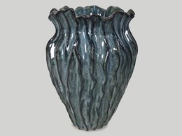  Blue ceramic planter pot, wave textured pattern, tall cylindrical shape, 18cm diameter, modern wavy design