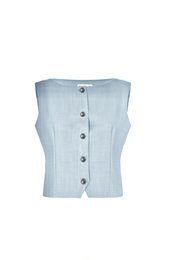  Sleeveless wool vest in cerulean blue, made in Italy, with a boat-neck design and button closure.