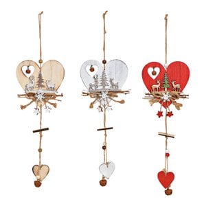 Kersthanger hart met hertenmotief van hout, 3-voudig, bruin/zilver/rood (B/H/D) 13x32x1cm