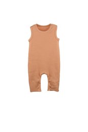 A soft, organic cotton baby romper in a warm peach color. Features a ribbed texture and a simple, sleeveless design. Available in sizes 3-6 months to 18-24 months.