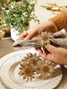 Gold Toned Stone-Studded Flower Napkin Rings – Napkin Holders – Metal – 4 Piece Set