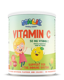 Vitamin C supplement for children, featuring a cartoon character design. Contains 50 mg of vitamin C to support the immune system.