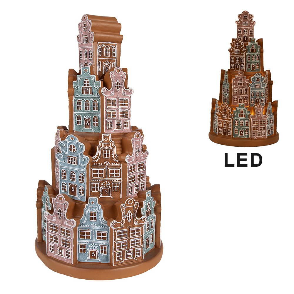 Gingerbread house met LED Ø 18x33 cm Bruin Blauw Polyresin Peperkoekhuisje