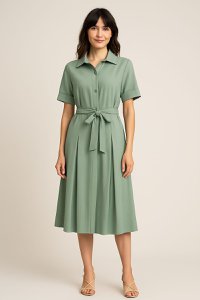 Sage green sage mi-long Woman's wardroot dress, short sleeves and belt