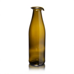  Tall, olive-colored glass carafe with a rounded shape and a narrow neck.