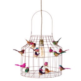 Hanging lamp with decorative bird cage design, featuring colorful birds perched inside the wire frame.